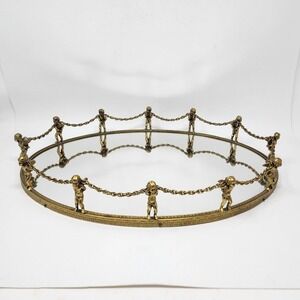 Vtg Globe 24K Gold Plated 12-Cherub Mirrored Vanity Tray Oval Ornate Putti Chain